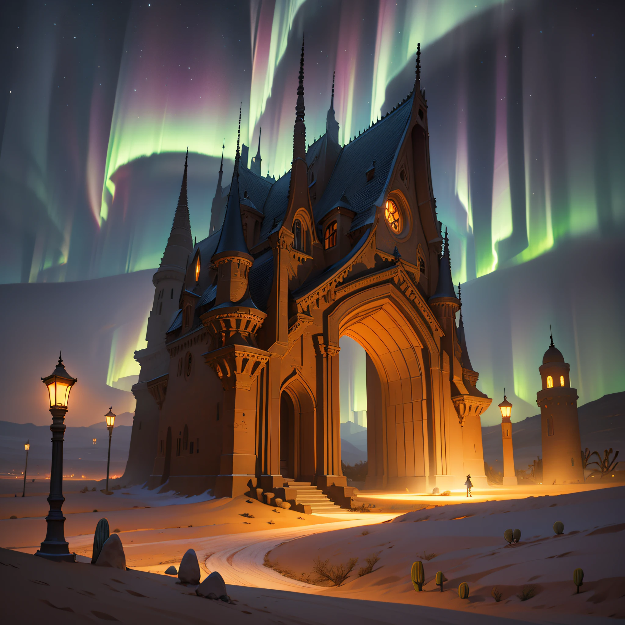 (top quality, 16K, masterpiece: 1.3), RAW photo, realistic, photorealistic, Giant Aurora, ((Fantasy Night Desert:1.3)),