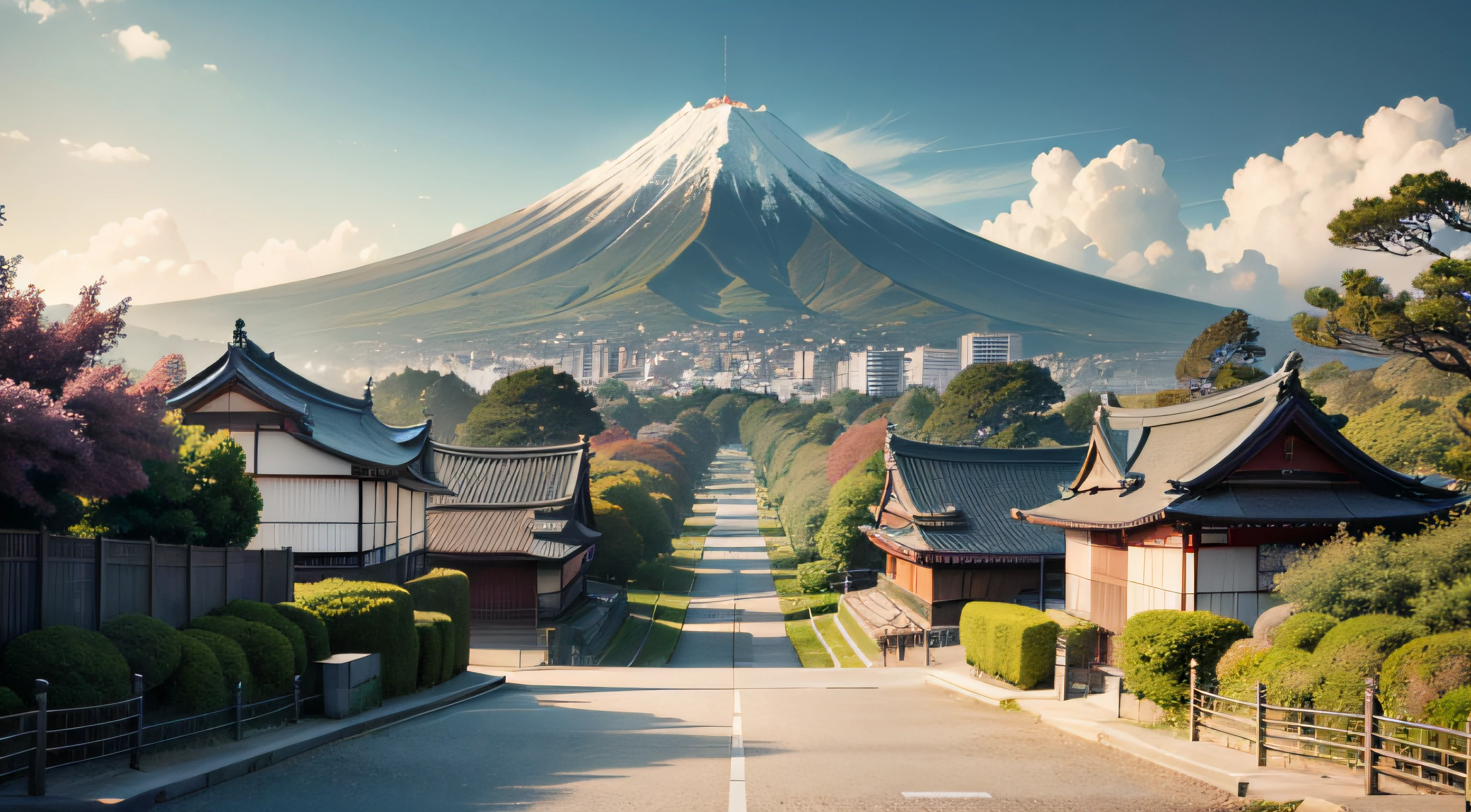 uma paisagem japonesa, com entradas de templo, e monte fugi ao fundo com nuvens realistic