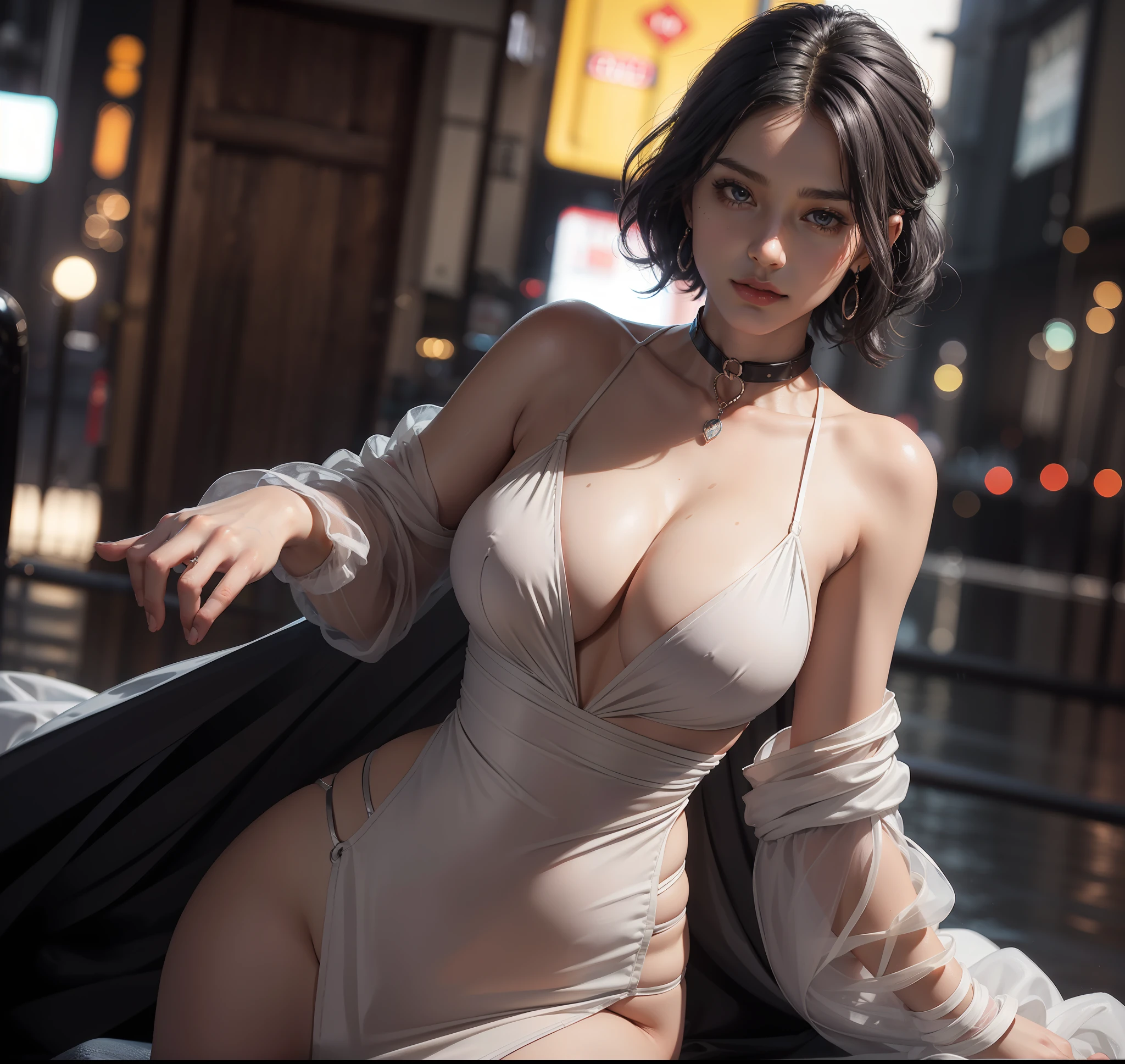 random pose, mix4, (8k, RAW photo, best quality, masterpiece: 1.45), (realistic, photorealistic: 1.37), one girl, cute, cityscape, night, rain, wet, professional lighting, photons mapping, radiosity, physically based rendering, gradient black hair, gray hair, short curly hair, handsome, girl, Deep V-neckline slip dress, top quality photo, high res, 1080p, (clear face), (detailed face description), (detailed hand description), (masterpiece), (exquisite CG), extreme light and shadow, disheveled hair, master work, rich details, (fine facial features), (highest quality photo), (masterpiece), (detailed eyes), look in front of you eyes, fine clavicle, ((big breasts, huge areola)),(((areola_slip))),((puffy areolae)),((sideboob)),(underboob),(((collar))),earrings,