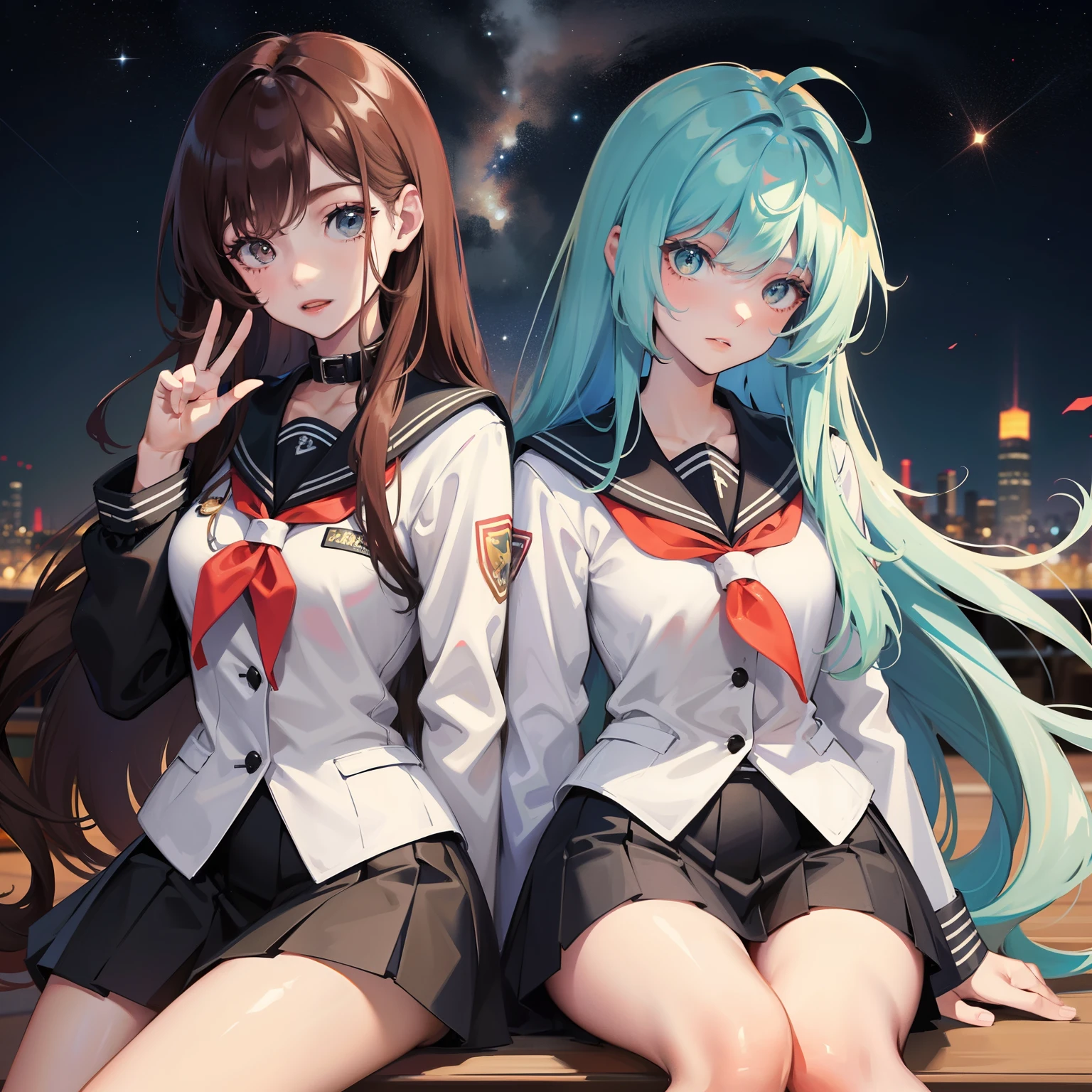 Two girls with long hair，hair flowing，starrysky，Campus uniforms，the night