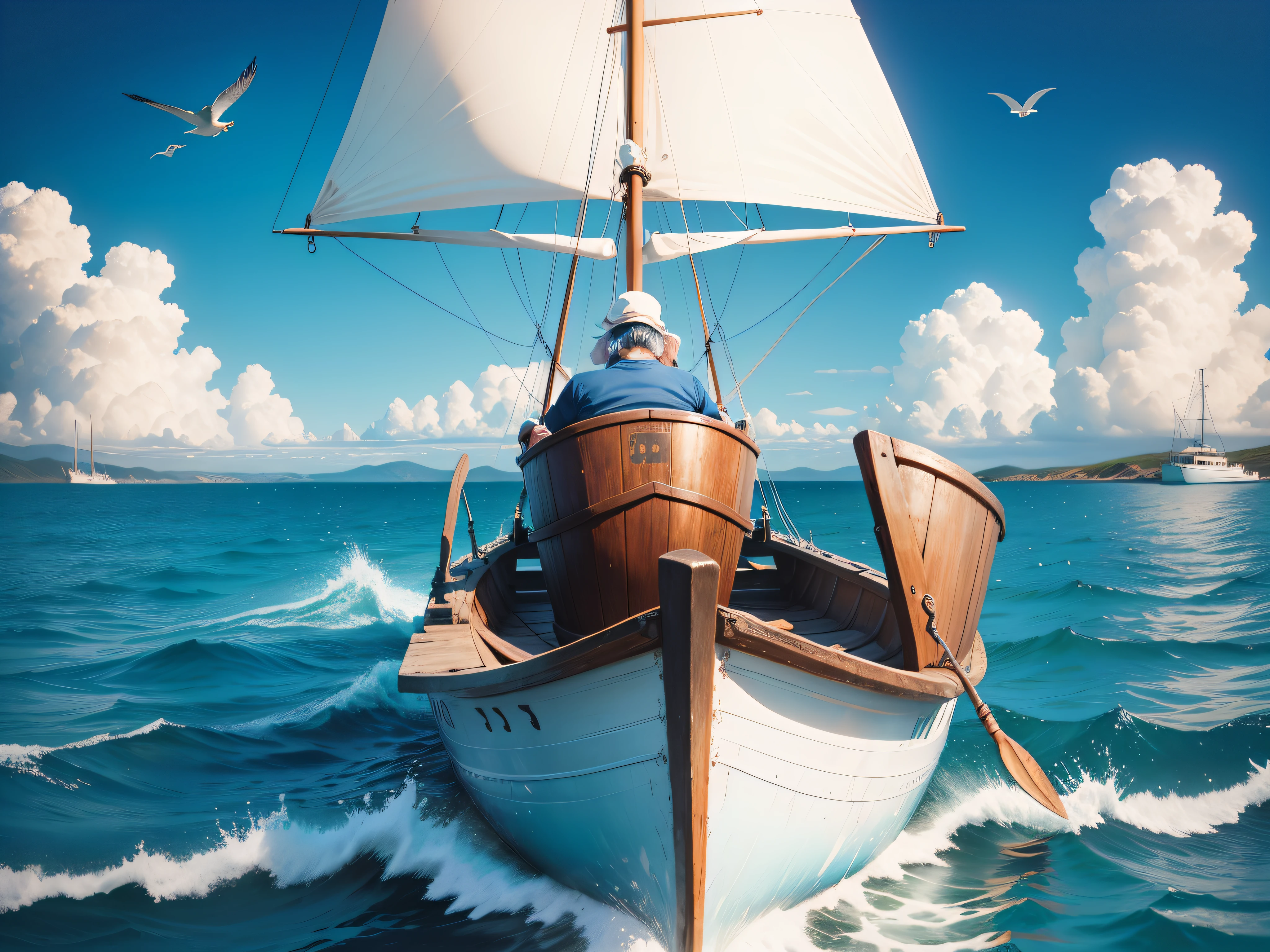 On a blue sea,The back of an old rowing man,The color of the sky is bright,A seagull flew in the sky