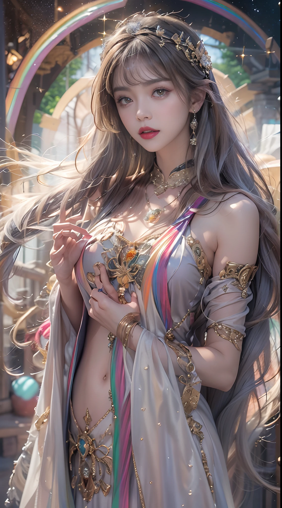 Ultra realistic 8K CG, Picture-perfect face, flawless, clean, masutepiece, Professional artwork, famousartwork, Cinematic lighting, Cinematic bloom, Perfect face,(年轻:1.2)(Voluptuous),((20yr old)), Beautiful face, Beautiful eyes,(:1.1), (((Perfect female body, Narrow waist))), young princess, royal, divine, Goddess, godlike, (the royal palace), Fantasy, Dreams, Unreal, Science fiction, (Normal breasts:1.2), Beautiful clothes, Lace, Lace trim, Lace-trimmed legwear, NSFW,, absurdly long hair, Very long hair, (Rich:1.4), Necklace, earrings, Bracelet, armlet, Looking at Viewer,(thong:1), (There are up to 5 fingers on the hand), (Red Lip), shenhe \(GenshinImpact\)