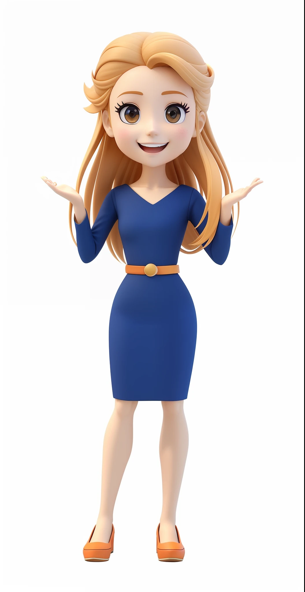 garota jovem, sorrindo, Um closeup de um personagem de desenho animado, vestido longo azul, cabelos loiros, cinto laranja, sapatos femininos laranjas, personagem estilizado, animation character, render 3d estilizado, Personagem 3D, Personagem altamente detalhado, Anime estilizado, 3D estilizado, render personagem, modelo de personagem, hands open in surprise