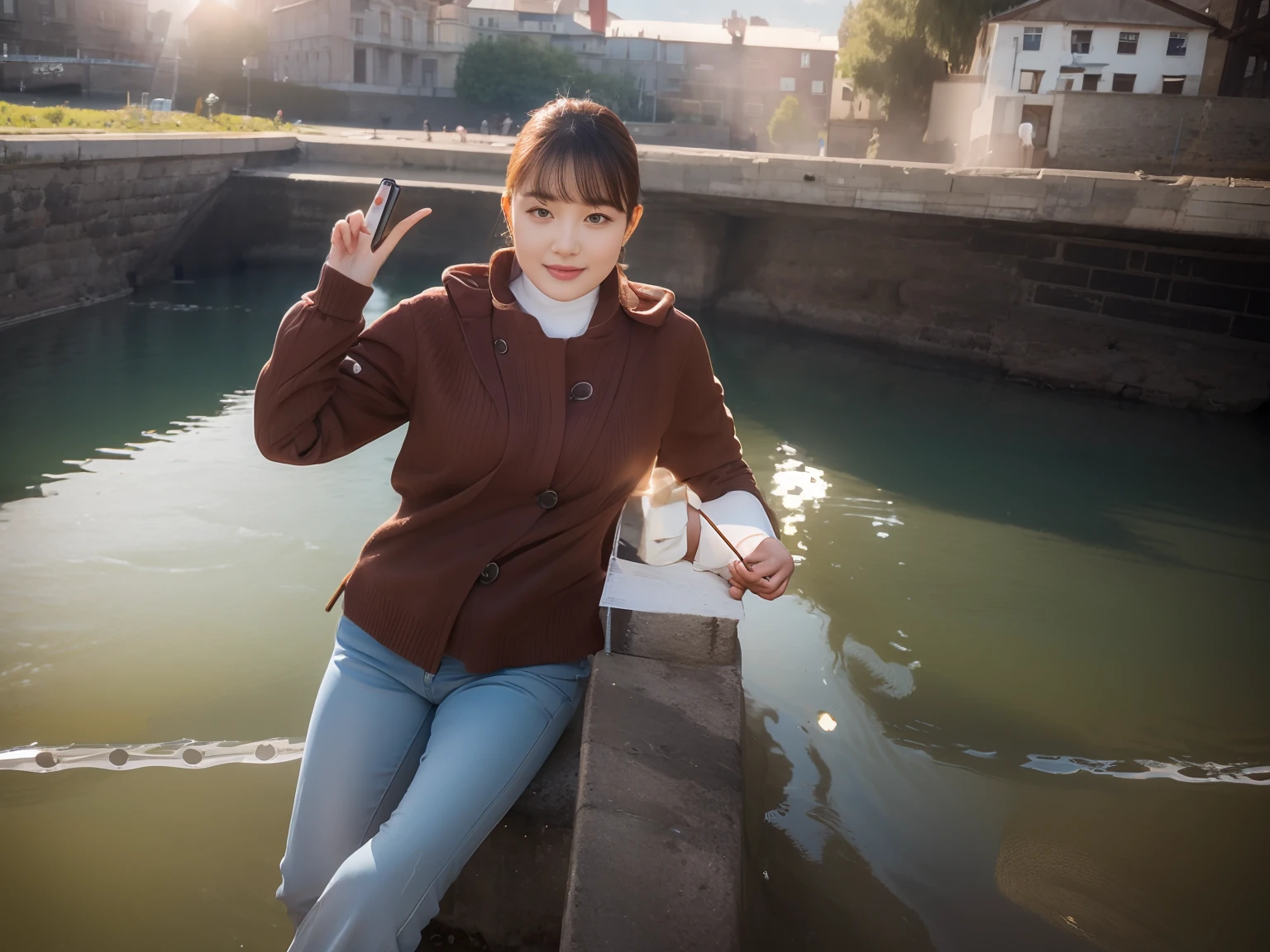 High quality,1 beautiful woman,Sit by the river and take pictures
