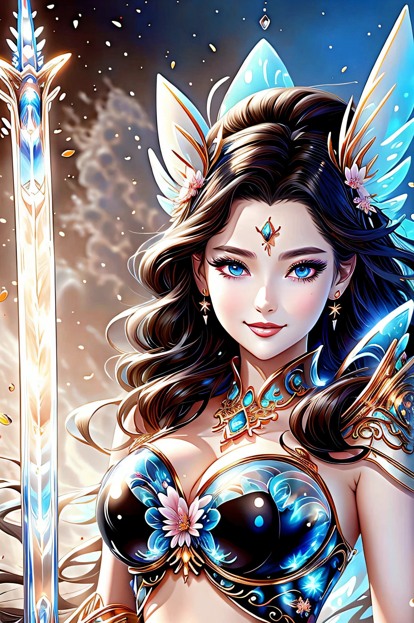 masterpiece, best quality, high details, highres, ccurate, beauty with dark hair and flowers floating in space, hazel eyes, big eyes, translucent saree, translucent bra, beautiful beauty, beautiful digital illustration, beautiful artwork illustration, beautiful digital artwork, beautiful gorgeous digital art, beautiful digital art, korean female water element, gorgeous digital art, very beautiful digital art, close up fantasy with elemental magic, beautiful fantasy art, beautiful digital painting, beautiful digital illustration, gorgeous digital painting,fujifilm, UHD,16k