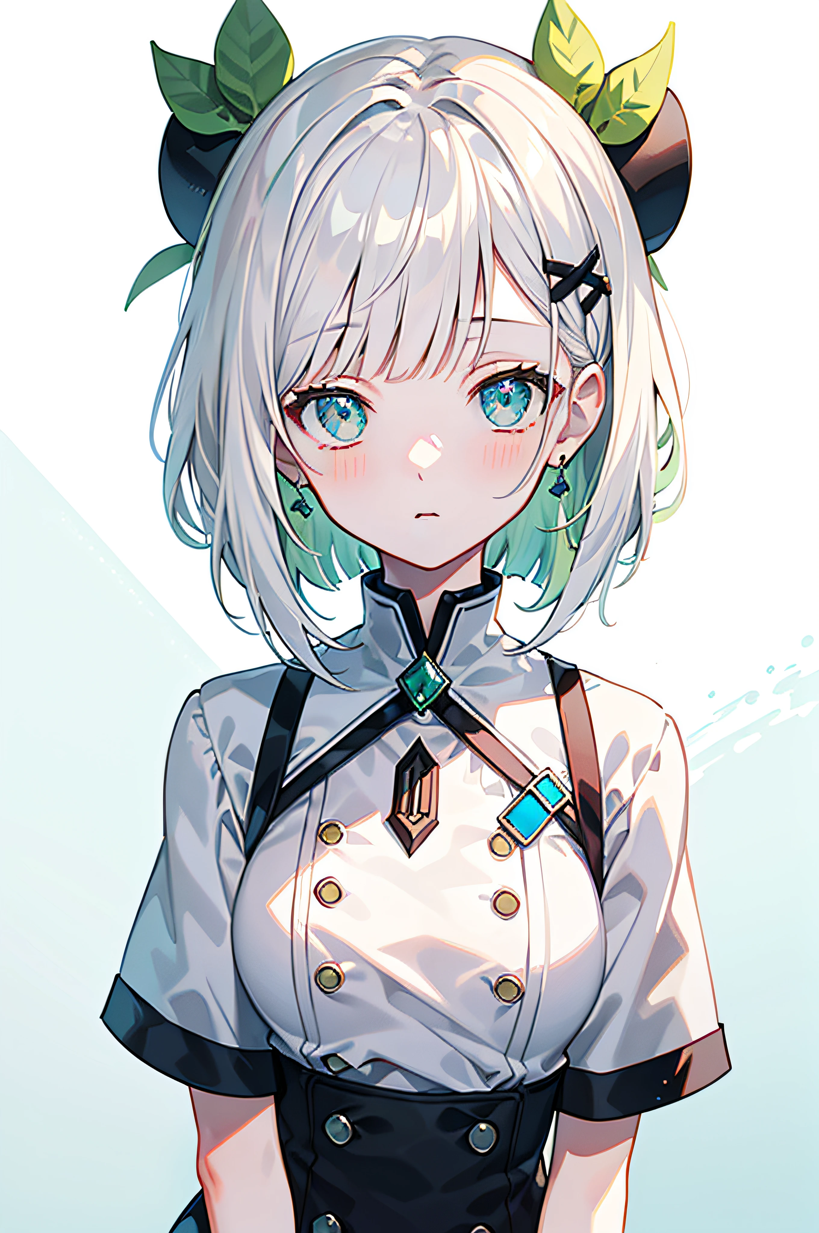 blunt bangs, bob cut, masterpiece, best quality, best illustration, ultra-detailed, upper body, solo, 1 girl, looking at viewer, upright, arms at sides, beautiful detailed eyes, concept art, white background, simple background, white hair, green gradient hair, short sleeves, watercolor pencil, expressionless, blush, virtual youtuber, short hair