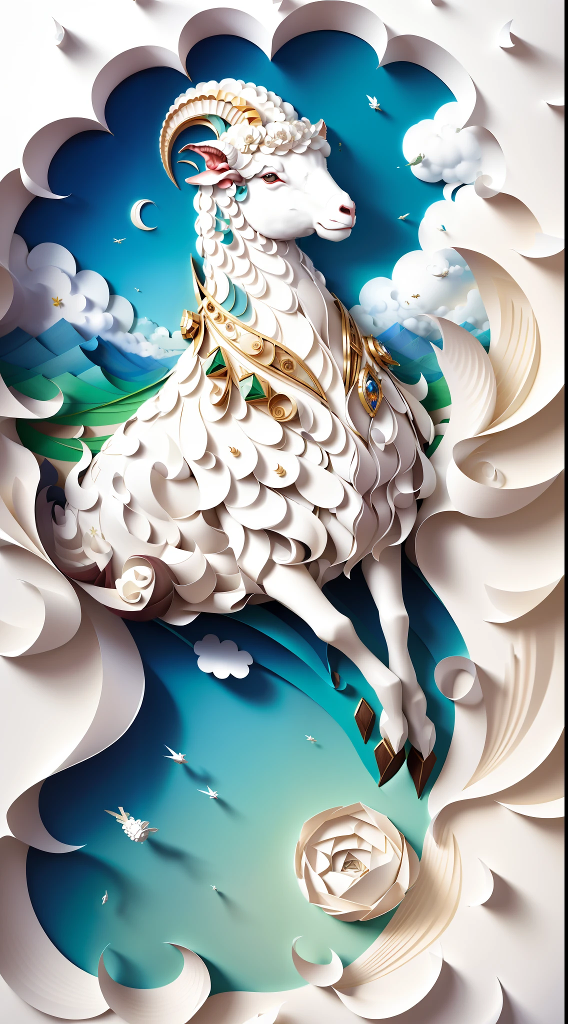 best qualityer,A huge sheep floats in the sky,White curved horns,There are white clouds all around,Clear details,multi dimensional paper quilling,Created by artists such as Georgia O'Keefe or Christo and Jeanne-Claude