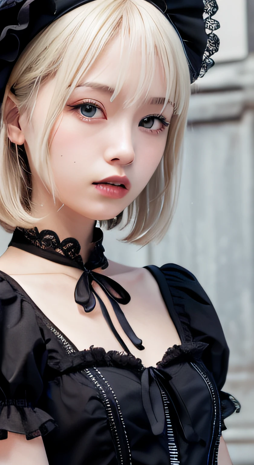 (masutepiece, Best Quality:1.2), 8K, 85 mm, Official art, Raw photo, absurderes, Platinum Blonde Hair, (Blue eyes, Lolita Fashion, sweetlolita, Gothic, Dress:1.2), Idol face, Upper body, Beautiful Girl, gardeniass, Copenhagen, Short sleeve, Elegance, Sophisticated, gardenia, Looking at Viewer, Film grain, chromatic abberation, Sharp Focus, face lights, Dynamic lighting, Cinematic lighting, Detailed face, Bokeh background