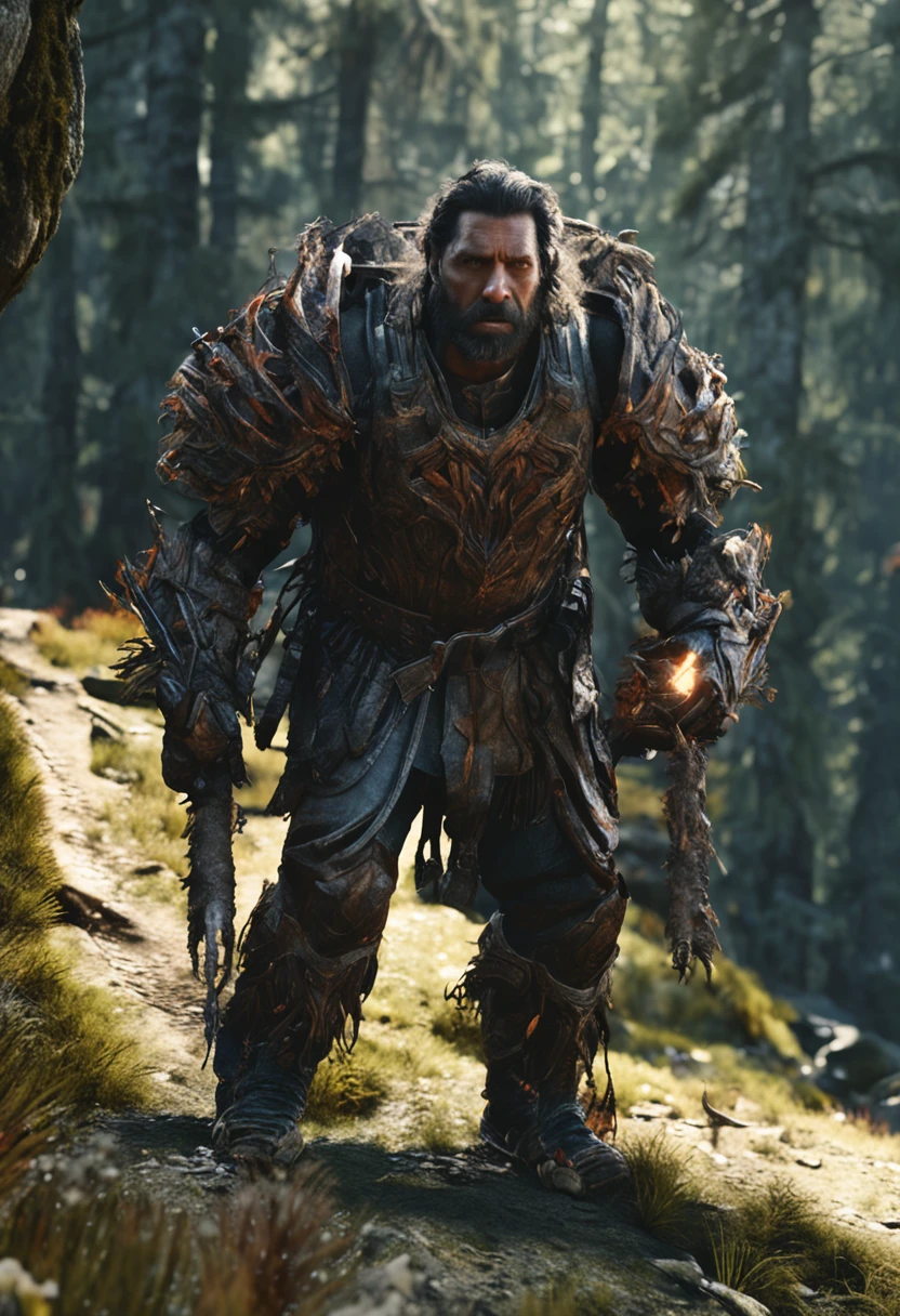 (Grim:1.1) forest, A man stands in the Alps, (Intricate details), (ultra - detailed), 8k hdr, high detal, A lot of detail, High quality,Dingdall effect (Colored:1.3)