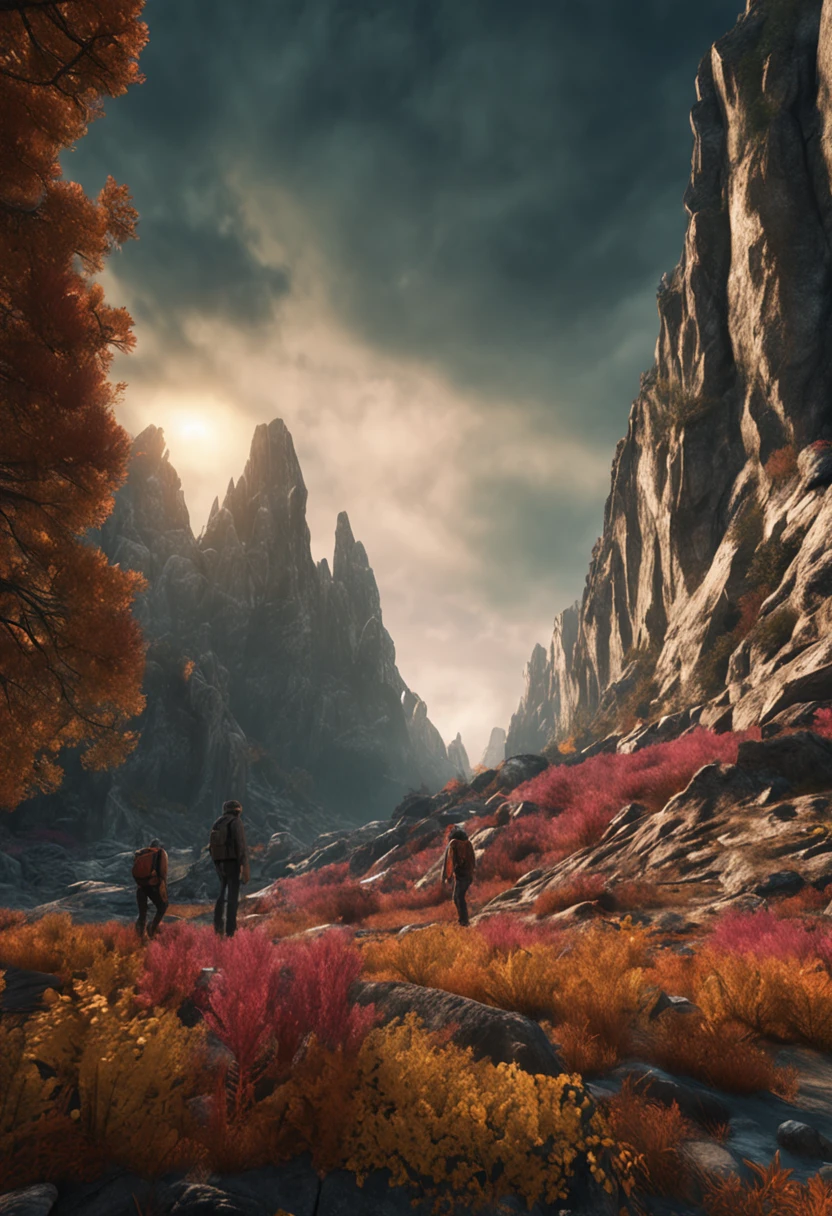 (Grim:1.1) forest, A man stands in the Alps, (Intricate details), (ultra - detailed), 8k hdr, high detal, A lot of detail, High quality,Dingdall effect (Colored:1.3)