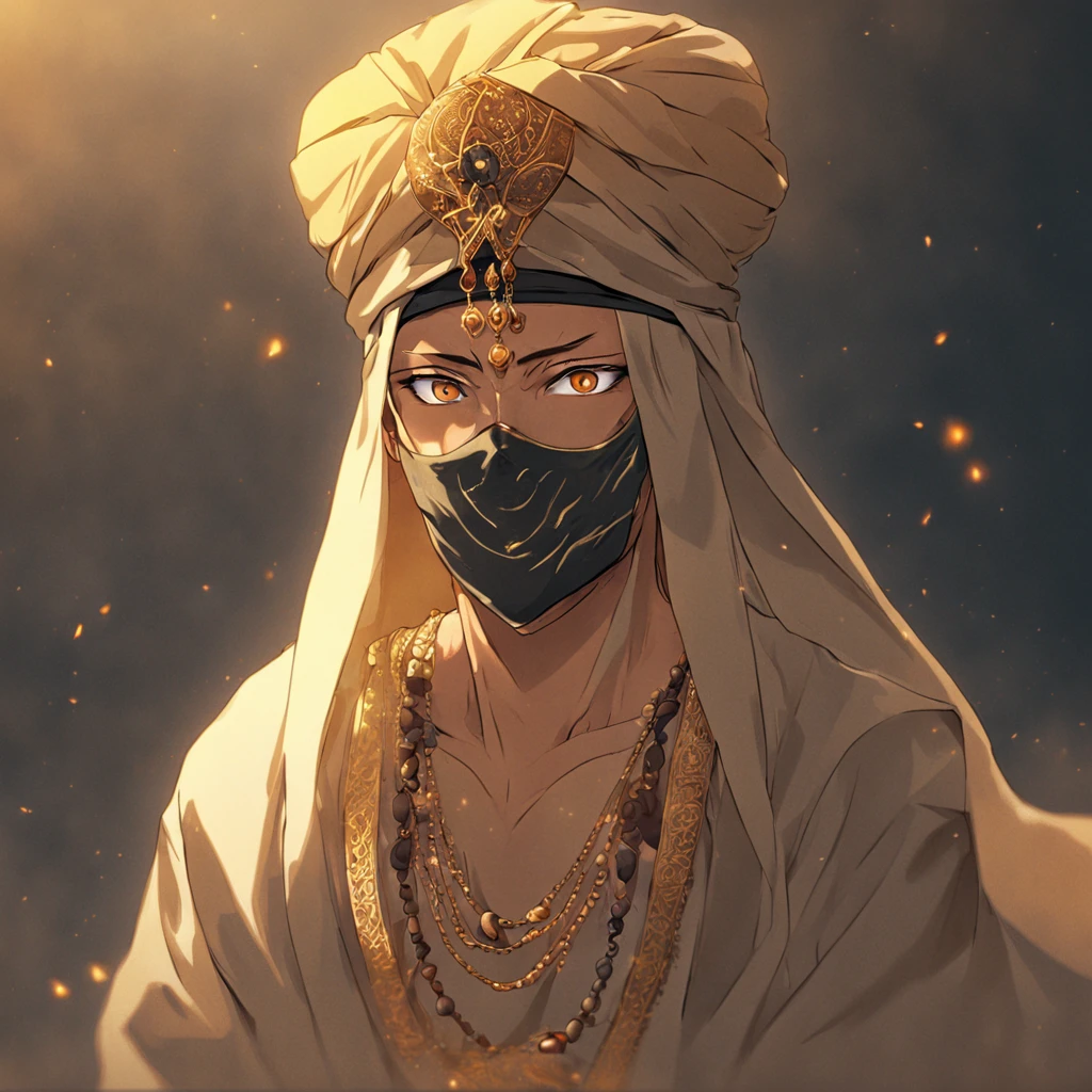 "best quality, realistic photo, 4k, man with Arab clothing, gold jewelry, golden turban, valto mask"