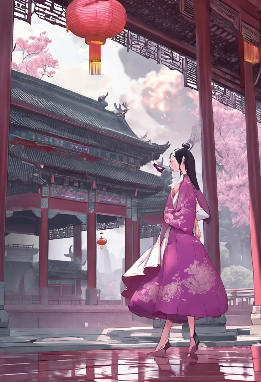 "China-style,white long straight hair,Purple eye,short skirt,The legs are thin and long,An elegant and dignified two-dimensional girl"