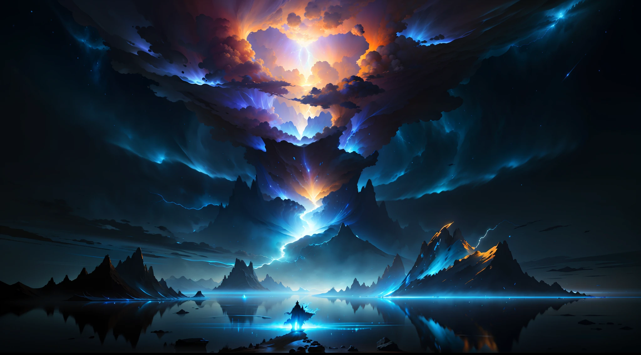 32k(tmasterpiece,K HD | |,hiper HD,32k),There is personal support,Olhando para as estrelas,Havia um raio saindo de uma montanha no oceano, Jessica Rossier Arte de fantasia, dramatic volumetric lightning, lightning fantasy magic, epic dreamlike fantasy landscape, inspirado em Christopher Balaskas, Por Jessica Rossier, cinematic lightning and colors, inspirado em jessica rossier, Volumetric lightning, stuning fantasia 3 d render, interdimensional lightning