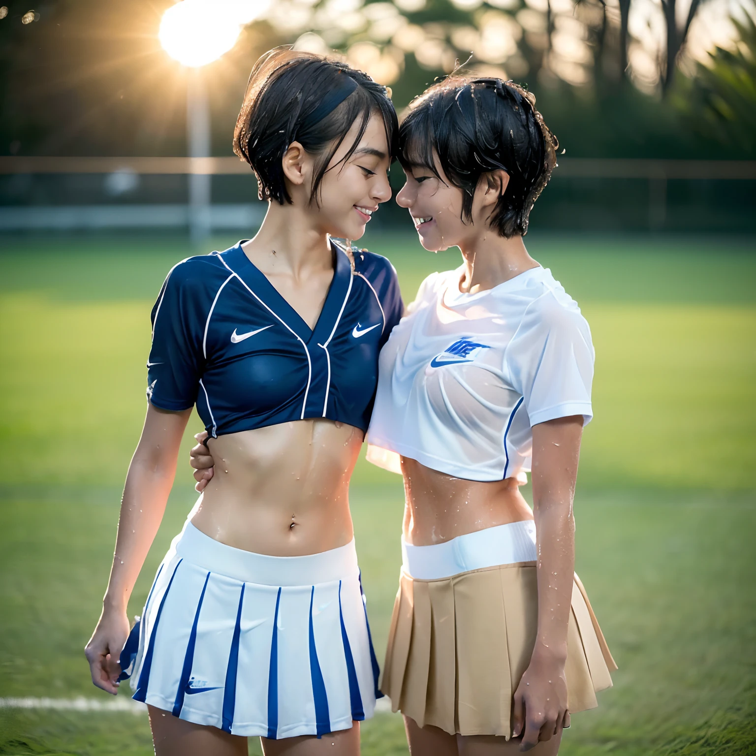 (2girls:1.5), (a detailed full-body RAW photo of a girl), (masutepiece:1.0), (Best Quality:1.4), (超A high resolution:1.2), (Photorealistic:1.4), 8K resolution, Canon EOS R5, 50 millimeters, absurderes, ultra-detailliert, (25year old), Sharp Focus, Cinematic lighting, Detailed beautiful face, (no-makeup:1.2), (ulzzang -6500-v1.1), petite figure, Detailed skin texture, Suntan skin, flat chest, (skinny and fit body:1.6), Thigh gap, Detailed brown hair, sweltering,(Very short hair:1.5), realistic glistening skin, (Sweating:1.45), Heavy breathing, a sultry, (small tits, Cameltoe), (Japan National Team Players, flat chest:1.5), well-developed abdomen, Wet body, (small tits:1.5), (Japan schoolgirl:1.5), (dark tanned skin:1.5), (Blue nike competition lacrosse uniform:1.5), (wet t-shirts:1.5), (through bra from t-shirts:1.5), (Photo of beautiful 20 year old Japan girl at school), Full body, (school girl:1.5), (erect nipples:1.1), full body, (smile:1.5), (hug each other tightly:1.3), (full body:1.5), (just before kissing:1.5), (don't touch lips each other:1.5), (wet body:1.5), (wet skin:1.3), highschool lacrosse team, (mini skirts:1.5), (upskirts), (sun tan and tan line:1.5), (backlight:1.0), (japanese girls:1.5), best friends, (magic hour:1.5)