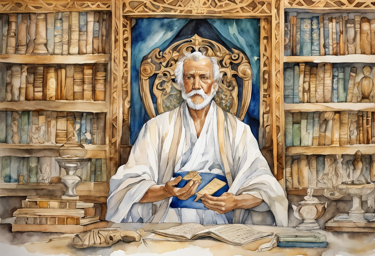 an image that captures the essence of Seneca's philosophy. He is sitting in a room lit by soft light, surrounded by ancient books and scrolls. His look is deep and reflective, transmitting wisdom accumulated throughout his life. His hands hold a symbolic staff, representing his philosophical orientation. The expression on his face conveys tranquility and serenity, reflecting his search for inner tranquility.