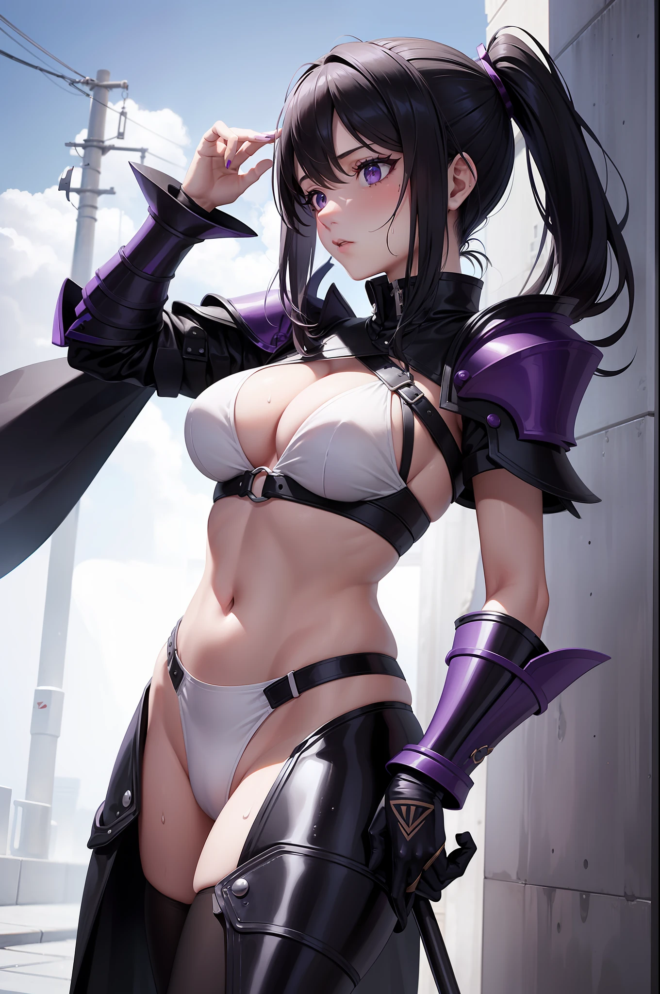 a female idol having a petite perfect body shape but small breast holding a giant scythe behind her hand, which is wearing a set of armor followed by a cape that main colour is matte black and secondaru colour is metelatic purple, that are no underwear under her armor, her armor is deducted and reduced, she is sweat hard and her body is so wet(detailed), she have a bitch tattoo on her body, she overcame with her sexy and devil aura, this is an original character which is drawed in full body, high quality, masterpieces,16k, anotomically correct and super detail, this girl is having a pair of educing eyes, emotioness facial, high pony tail, 20 years old virgin, her body covered by sticky white liquid, she is walking under moon and middle of a street