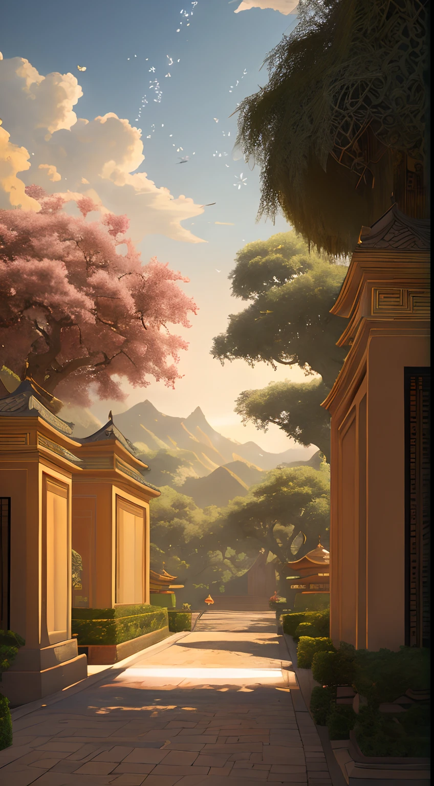 Palace, vines everywhere, huge and damp trees, masterpieces, best quality, very detailed CG unified 8k wallpaper, oil painting, Gobi desert, Dunhuang flying sky, flying fairy in light yarn, background bokeh, depth of field, HDR, realism, very delicate, high detail, traditional Chinese style, Chinese style art, stereo lighting