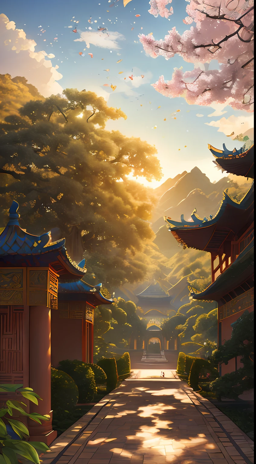 Palace, vines everywhere, huge and damp trees, masterpieces, best quality, very detailed CG unified 8k wallpaper, oil painting, Gobi desert, Dunhuang flying sky, flying fairy in light yarn, background bokeh, depth of field, HDR, realism, very delicate, high detail, traditional Chinese style, Chinese style art, stereo lighting