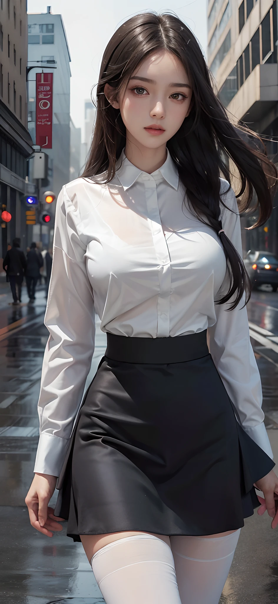 ((Best quality, 8k, Masterpiece :1.1)), Sharp focus :1.2, A Pretty Girl with perfect figure :1.4, Slender abs :1.2, ((Layered long hair, Big breasts :1.2)), (White tight shirt :1.3), office wear, very short black skirt (Sultry) ((Aroused: 1.5)), night: 1.5, (Black pantyhose), Open shirt show , Rain :1.3, Street:1.3, Highly detailed face and skin texture, Detailed eyes, Double eyelid