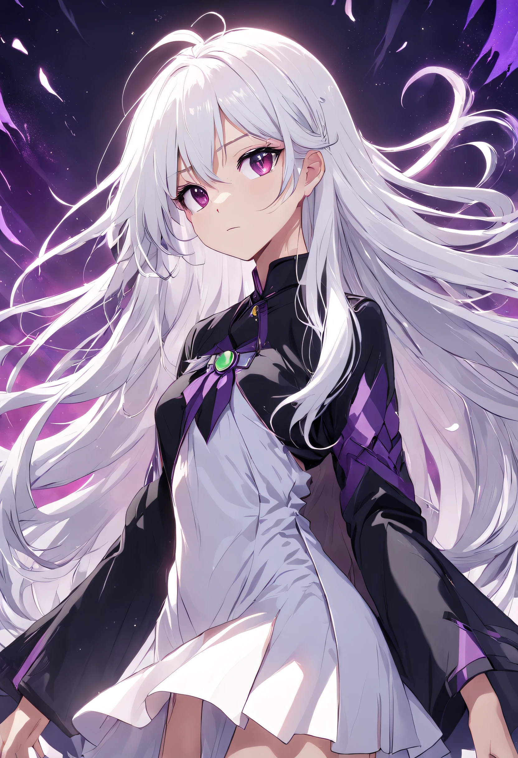 long  white hair，Purple eye，Black regular clothes，teens girl，quadratic element，cartoony，graceful and dignified，hair straight，The upper part of the body