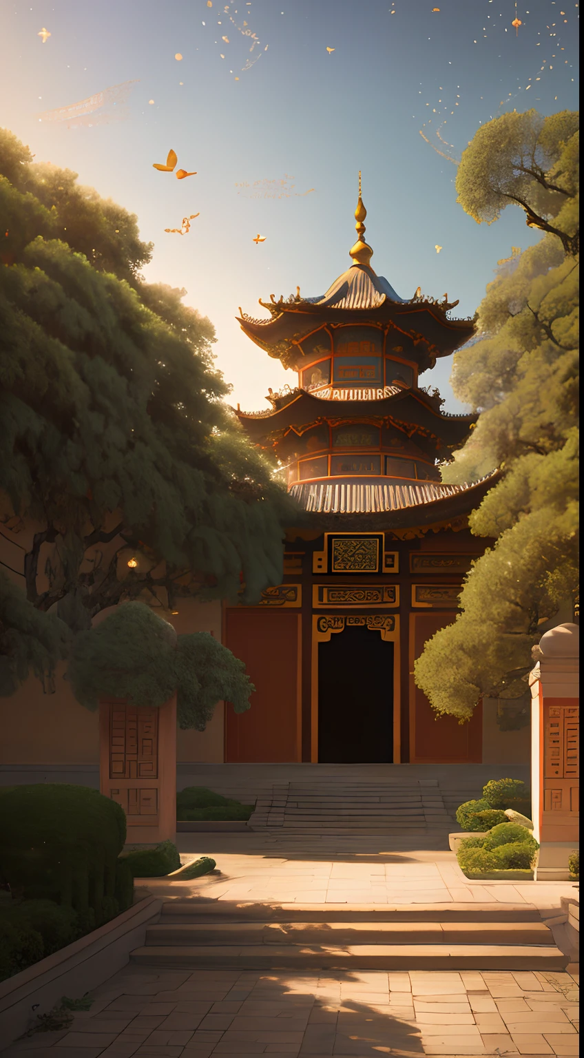 Heavenly pavilion, Chinese palace in the clouds (golden glazed tiles), wonderland on earth, white jade bridge leading to the palace, surrounded by clouds and mist, masterpiece, high quality, exquisite graphics, high detail