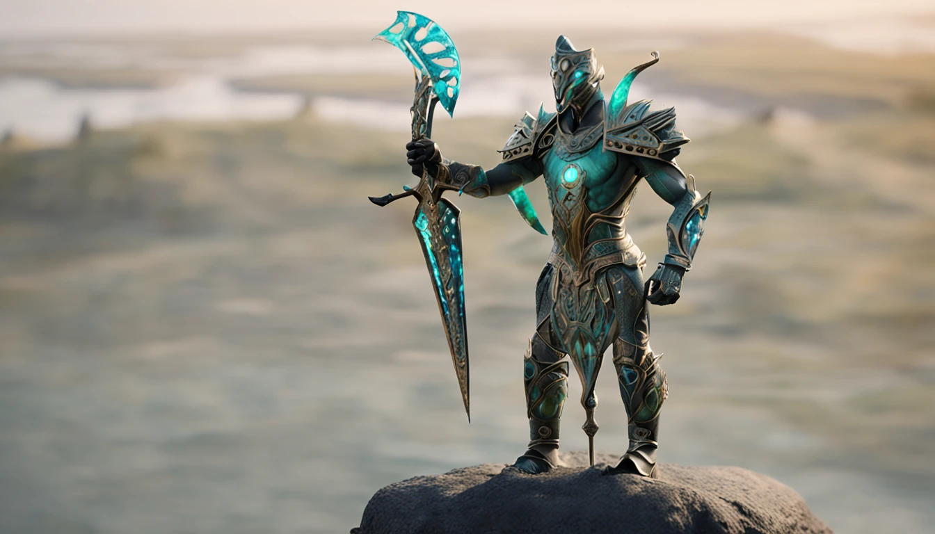 Excalibur, Mango exquisito, El cuerpo de la espada es delicado y exquisitamente ornamentado,(((The body of the sword is designed with blue opal and light green particle effect alien patterns..:1.3))), borde, (The body of the sword is symmetrically ornamented:1.3), (The entire Excalibur blade is centered:1.3), Primer plano de rango medio,(Silueta general:1.3),(Fantastic landscape painting:1.2), Ultra photo realism, Super-fino, 8k, Fondos de pantalla premium, the highest picture quality, ..3D,c4d, Obras maestras maestras, Renderizado de octanaje