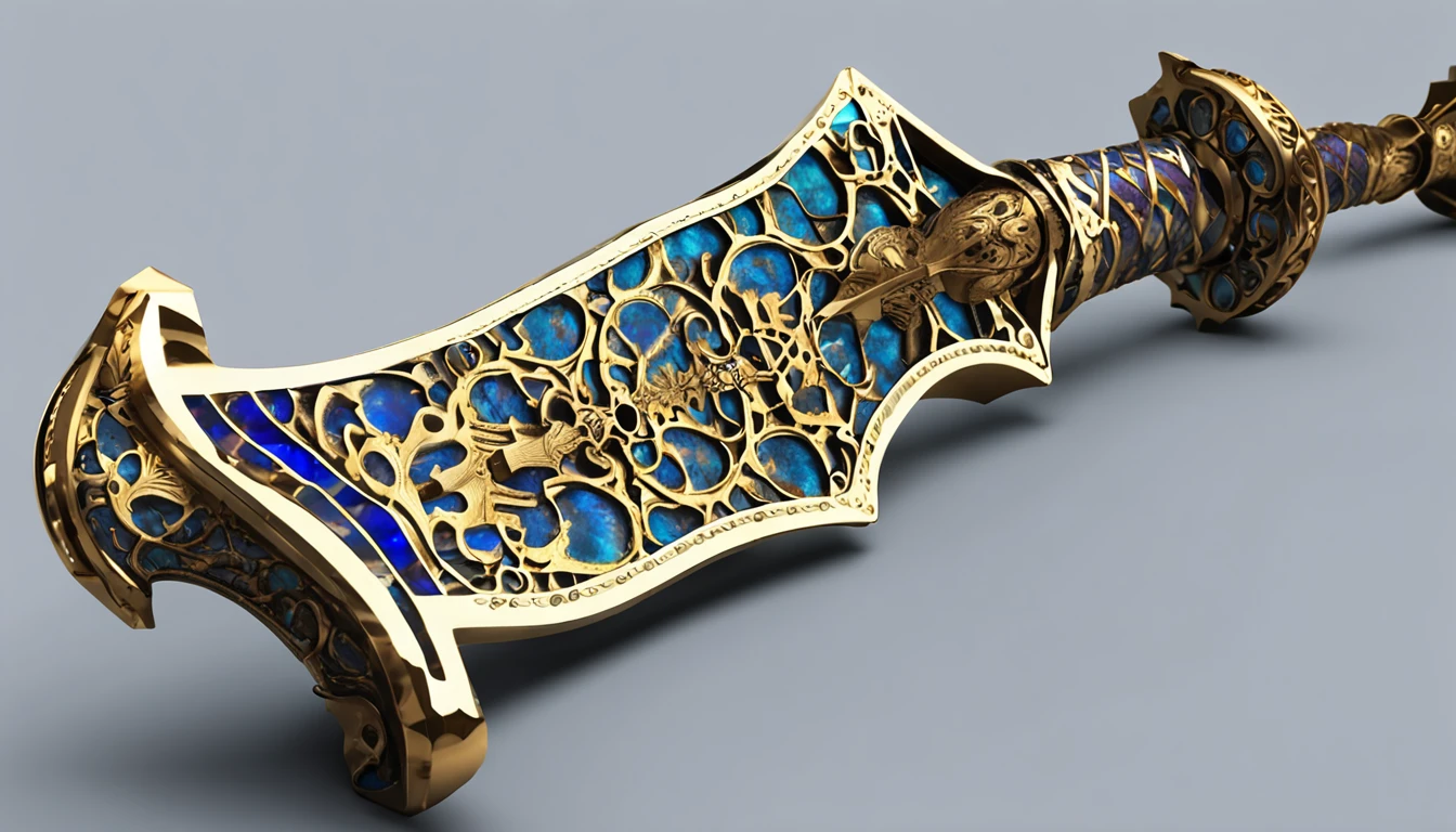 Excalibur, Mango exquisito, El cuerpo de la espada es delicado y exquisitamente ornamentado,（((The body of the sword is designed with blue opal and light green particle effect alien patterns..：1.3))), borde, (The body of the sword is symmetrically ornamented:1.3), (The entire Excalibur blade is centered:1.3), Primer plano de rango medio,（Silueta general:1.3),（Fantastic landscape painting:1.2), Ultra photo realism, Super-fino, 8k, Fondos de pantalla premium, the highest picture quality, ..3D,c4d, Obras maestras maestras, Renderizado de octanaje
