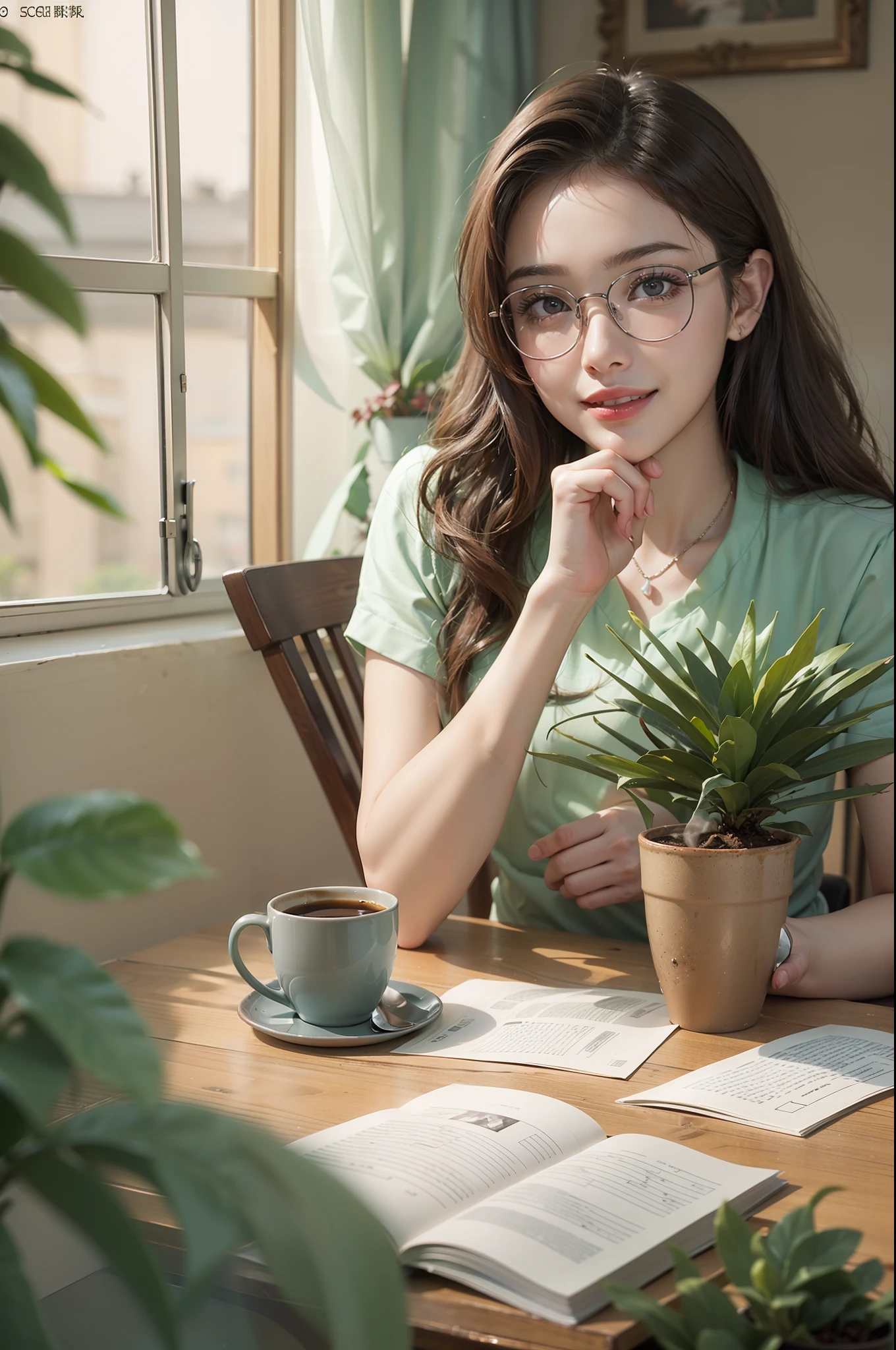 Beautiful woman working at home、eye wear, Dining table、during daytime、A smile、Note PC、Detailed face, Perfect body, Coffee mug on the table,Correct fingers、(((only one mag))),houseplant