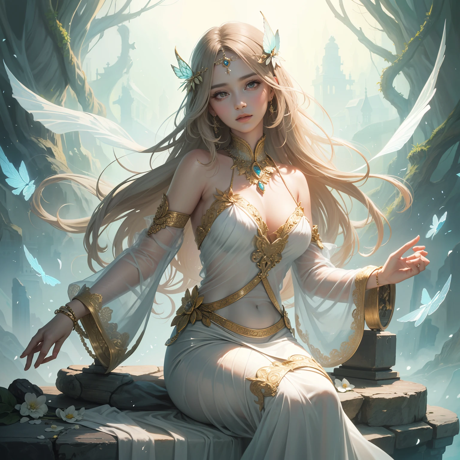 classical aesthetics,Beautiful and meticulous portrayal,High-definition detail,Ancient beauty bust,The posture is natural,The details stand out,Flowers, vines, butterflys,lovely lips,Revel in the eyes,Flowing, Smooth hair,Beautiful face,Ink painting effect,Natural light
