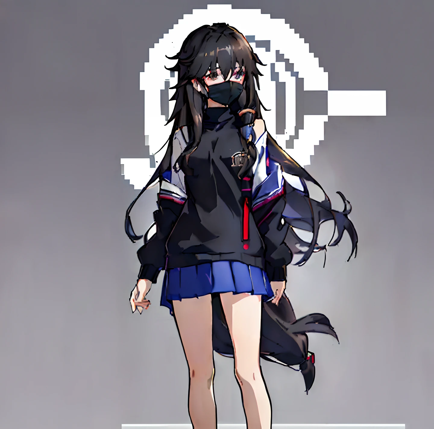 (masterpiece), best quality, expressive eyes, perfect face, (((shoulderlength hair, shirt hair, shoulder long hair, slightly wavy hair, sidelocks))), (((comfy, black mask, sweater, happy, school uniform, small breasts, young, teenager, young girl, fullbody, beautiful, human))), (anime, stylized, anime style, simple), halfbody shot, half body