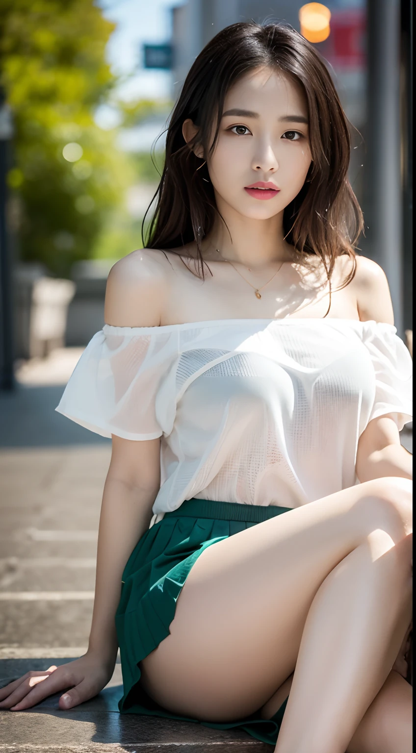 ((Best picture quality, 8K, tmasterpiece:1.3)), 1girll, Casual hairstyle, (off-shoulder blouse,Short pleated skirt:1.3),(wet see through clothes:1.4),Ultra-fine face, A detailed eye, 二重まぶた,(long leges:1.4),(athletic sneakers:1.3)Erlang legs,Sit sideways on a high platform