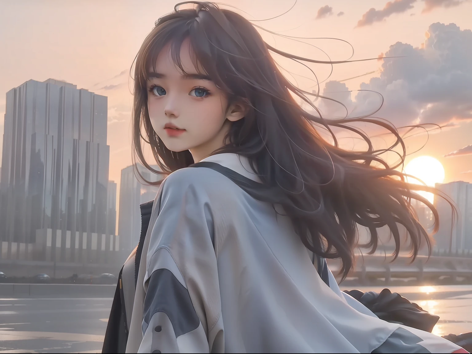 surrounded by cloud,teens girl,long whitr hair,Back Shadow,the setting sun,blue surcoat