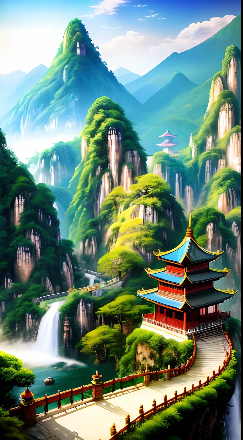 2. Mountain view with waterfall and pagoda in the middle, painted scene by Han Gan, winner of cg society competition, fantasy art, dreamy Chinese town, Chinese landscape, Chinese fantasy, made of trees and fantasy valley, ancient city view, order Impressive fantasy landscape, most epic landscape, pagoda on hill, mountainous jungle environment, avatar landscape, chinese village.