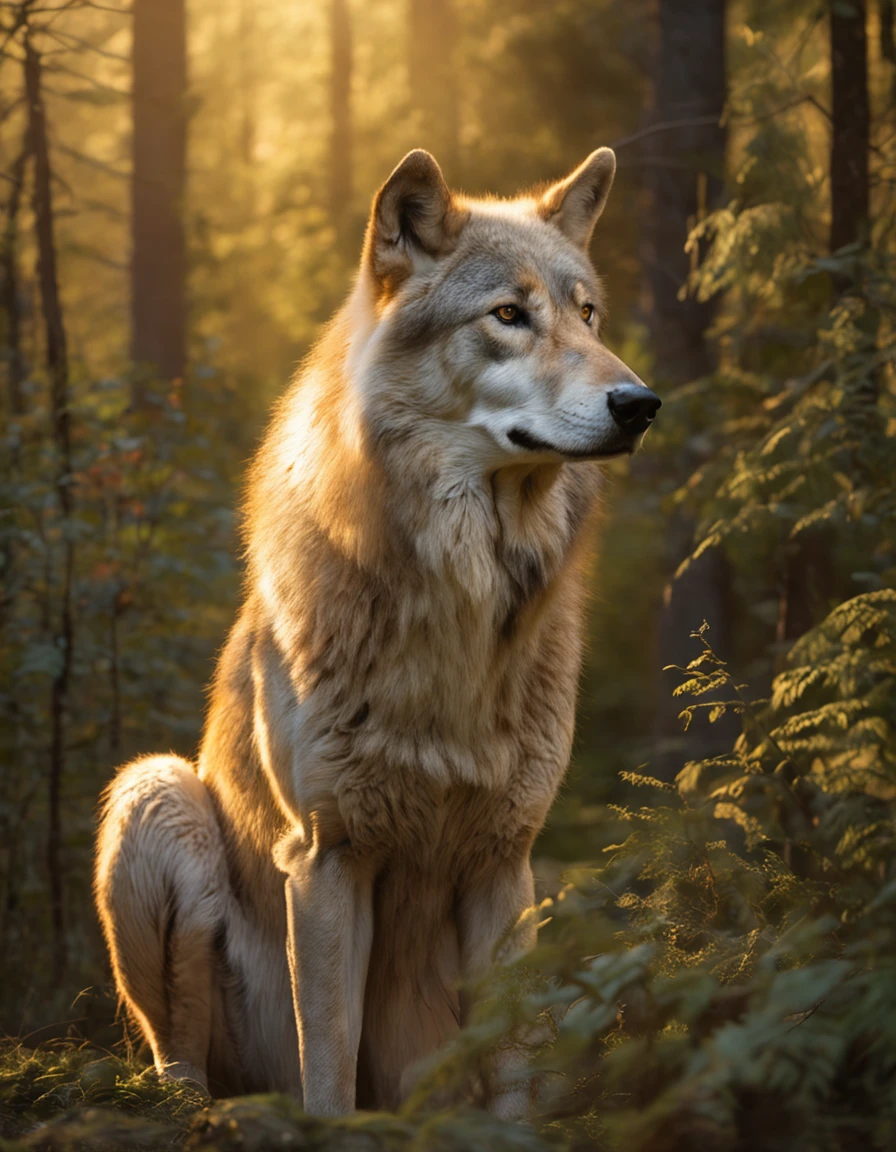 A chiba-inu in its natural habitat, a dense forest during dusk. The wolf stands majestically, its fur illuminated by the soft golden rays of the setting sun filtering through the trees. The wolf's piercing eyes convey a sense of primal intelligence and caution. The forest background is rich in detail, with intricate foliage and dappled sunlight. The image should be a digital illustration with a focus on realistic textures and lighting. Draw inspiration from wildlife photographers on platforms like National Geographic and 500px. Use a 300mm+ camera lens for a close-up shot, capturing every nuance of the wolf's expression and fur. Lighting should emphasize the warmth of the sun's rays and create a sense of depth and dimension. The resolution should be at least 4K for intricate detailing.
