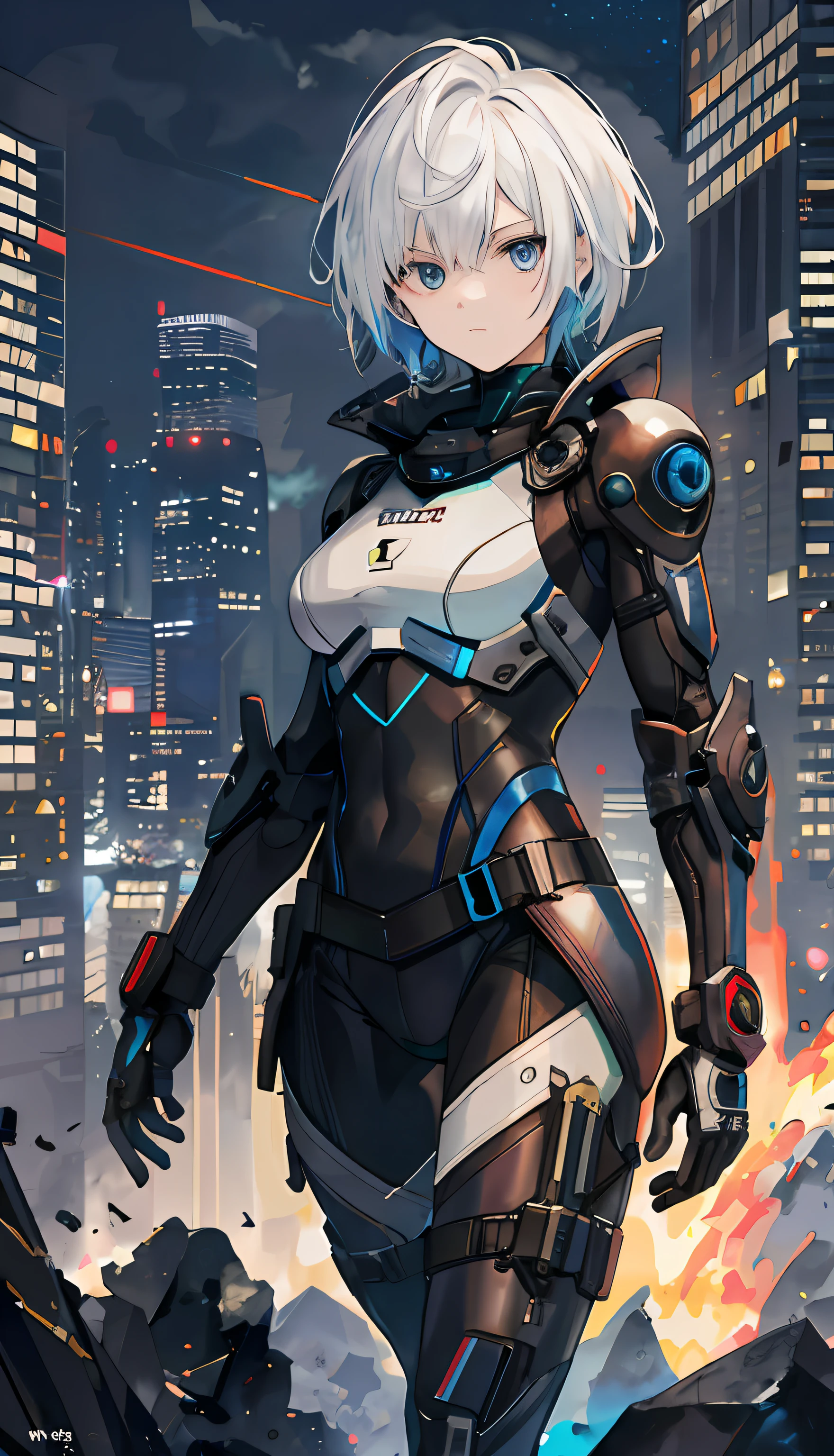 best qualityer，tmasterpiece，Ultimate resolution，downy，Extremely colorful，Colorful，Women combatants，a matural female，Short white hair，Dark blue eyes，Tight combat suit，tightsuit，With a belt，Steel City background，the night，Normal posture