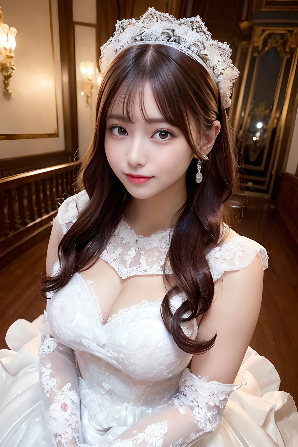 natta, Raw photography, (((Very beautiful portrait))), ((glistning skin)), 1girl in, Sexy 25 year old girl, ((Shortcut Natural Brown Hair)), [Brown-eyed],　long lashes、Glossy lips、Gentle smile staring at the camera、(Valley), ((​masterpiece, top-quality, ultra-detailliert, ciinematic light, intricate detailes, hight resolution, 8K, ighly detailed)), detailedbackground, 8K UHD, Digital SLR, Soft lighting, hightquality, film grains, FujifilmXT3, Shallow depth of field, natural soft light、face perfect、Ruffled Ball Gown Dress, (Lace trimmed see-through ball gown dress:1.4), Bridal tiara, Gorgeous parchment white ball gown dress, Luxurious white ball gown dress, Classic Sexy Ball Gown Dresses, Show, Bridal Veil, bridal gauntlets, Bridal Cascade Bouquet, Upper body, Wedding in the church, The skirt spreads round and wide,