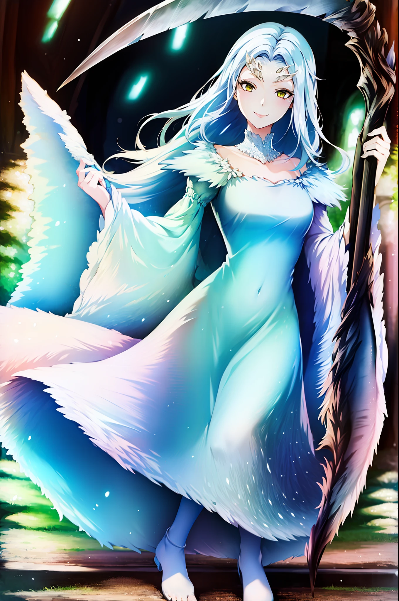 ((masterpiece)), ((best quality)), ((highres)), ((finely detail)), 1girl,priscilla the crossbreed, holding scythe, white dress, full body,smile