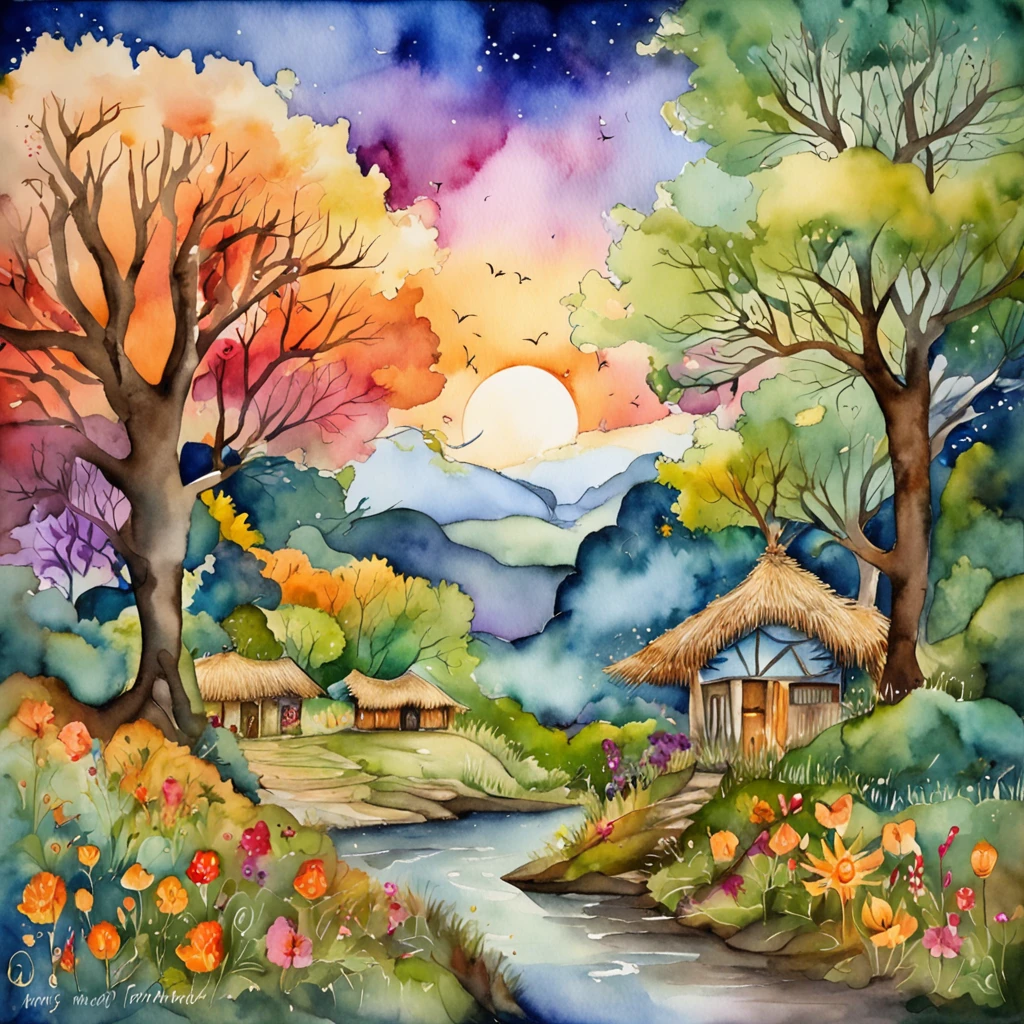 Two people in a moonlight with colorful sky, psicodelic, com pessoas em uma floresta, com nuvens e o ceu com uma mandala