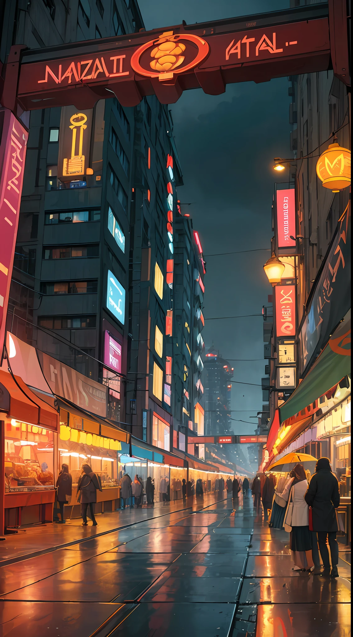 ((masterpiece)),((best quality)),((high detail)),((realistic,)) Futurist era city, architectural streets, bazaars, futuristic train lines, cyberpunk, buildings, night, European city, rainy, neon