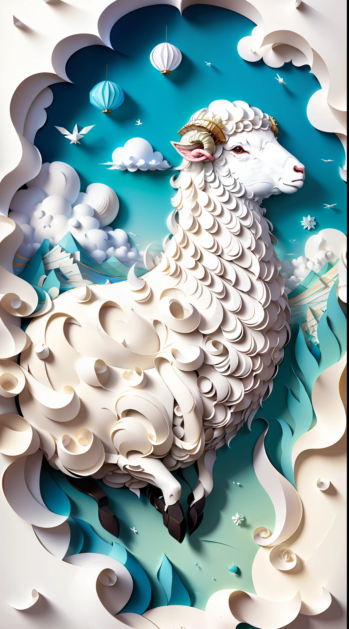 best qualityer,A huge sheep floats in the sky,White horns,There are white clouds all around,Clear details,multi dimensional paper quilling,Created by artists such as Georgia O'Keefe or Christo and Jeanne-Claude