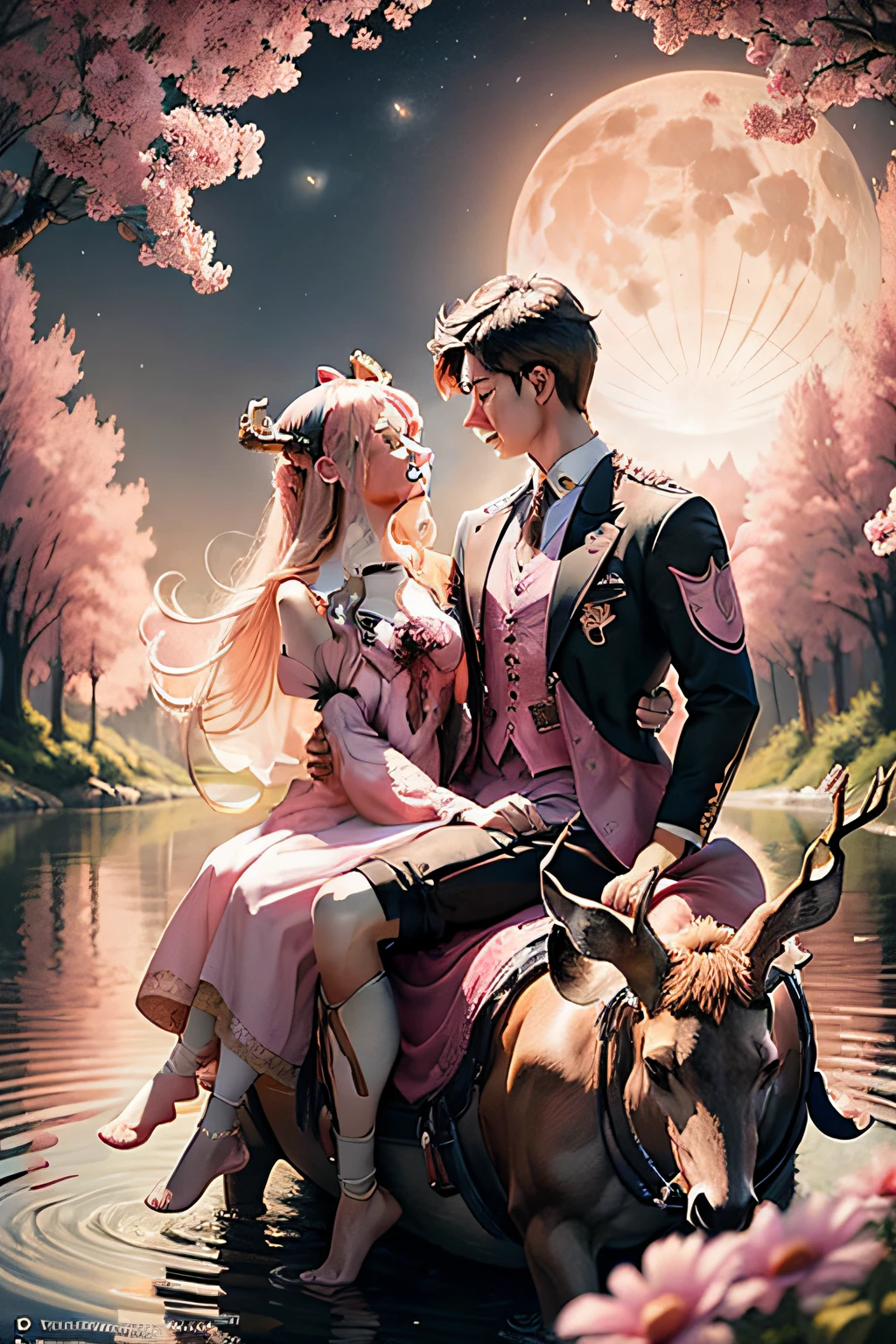 There is a poster，By the river, two couples are sitting on a deer with their backs to the picture,In front of them is a big, round moon romantic, A beautiful artwork illustration, , fairy tale style background, hand painted cartoon art style, Artistic cover, cheerfulness, (in pink), cheerfulness!!!