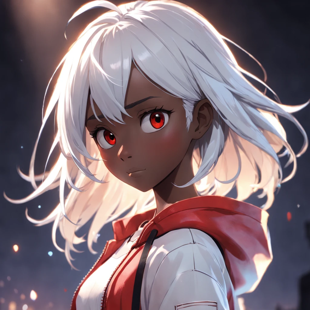 Female, age 16, 3D Pixar style character, bulk body, front image, dark skin color, white hair color, clothing, white T-shirt with red jacket, looking at viewer, solo, upper body, ((masterpiece)), (best quality), (extremely detailed), depth of field, sketch, dark intense shadows, sharp focus, soft lighting, hdr, colorful, good composition, spectacular, anime screencap, detailed eye. detailed image, white background, rendered in unreal, movie promo image, rendered image masterpiece, best quality, movie still, close-up, bright, happy, warm soft lighting, (sparks:0.7) masterpiece, best quality, movie still, close-up, bright, warm soft lighting, (sparks:0.7) --auto --s2