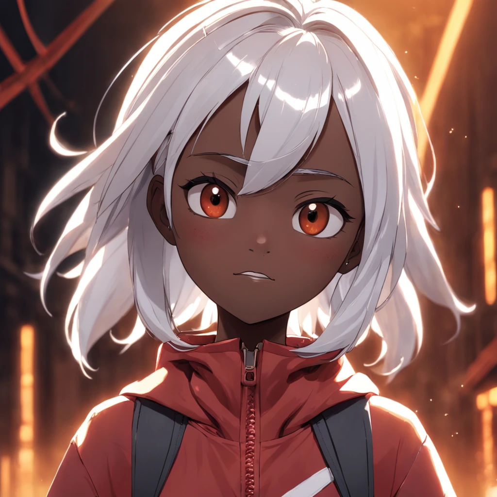 Female, age 16, 3D Pixar style character, bulk body, front image, dark skin color, white hair color, clothing, white T-shirt with red jacket, looking at viewer, solo, upper body, ((masterpiece)), (best quality), (extremely detailed), depth of field, sketch, dark intense shadows, sharp focus, soft lighting, hdr, colorful, good composition, spectacular, anime screencap, detailed eye. detailed image, white background, rendered in unreal, movie promo image, rendered image masterpiece, best quality, movie still, close-up, bright, happy, warm soft lighting, (sparks:0.7) masterpiece, best quality, movie still, close-up, bright, warm soft lighting, (sparks:0.7) --auto --s2