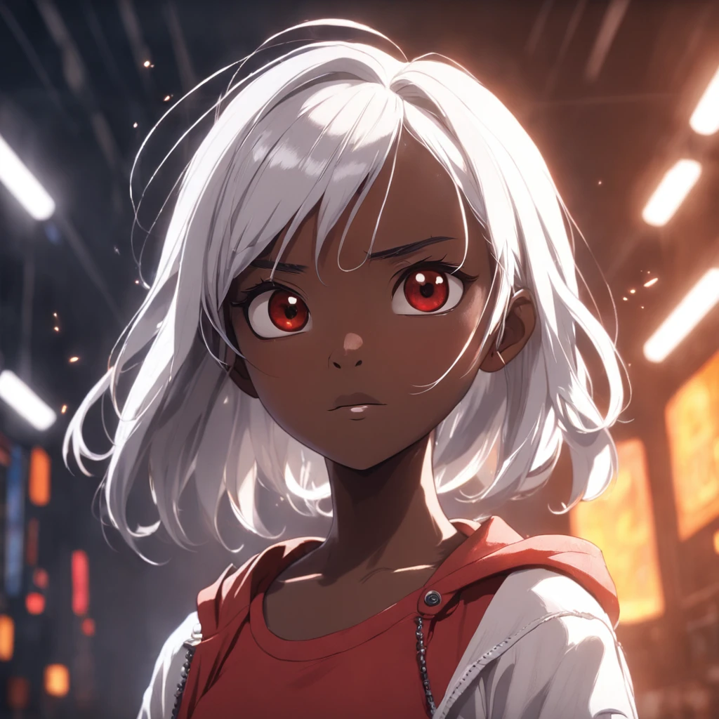 Female, age 16, 3D Pixar style character, bulk body, front image, dark skin color, white hair color, clothing, white T-shirt with red jacket, looking at viewer, solo, upper body, ((masterpiece)), (best quality), (extremely detailed), depth of field, sketch, dark intense shadows, sharp focus, soft lighting, hdr, colorful, good composition, spectacular, anime screencap, detailed eye. detailed image, white background, rendered in unreal, movie promo image, rendered image masterpiece, best quality, movie still, close-up, bright, happy, warm soft lighting, (sparks:0.7) masterpiece, best quality, movie still, close-up, bright, warm soft lighting, (sparks:0.7) --auto --s2