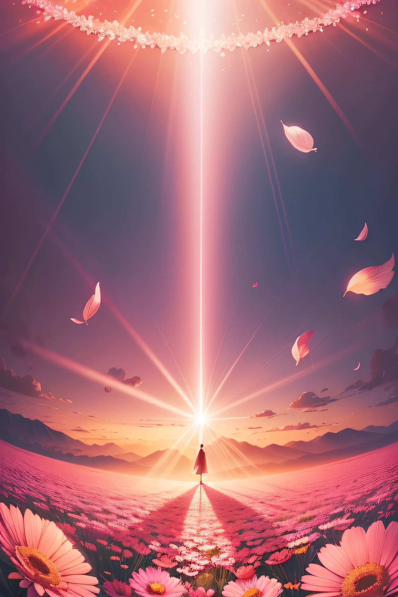 Illustration in pink，Love，beautiful picture，Petals dressed around，ventania，llight rays，with light glowing，large scene，