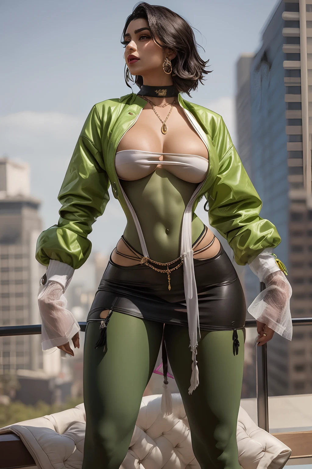 araffe dressed in green and black posing, loba andrade from apex legends, she hulk,g as a jojo, full body close-up shot, intriguing outfit