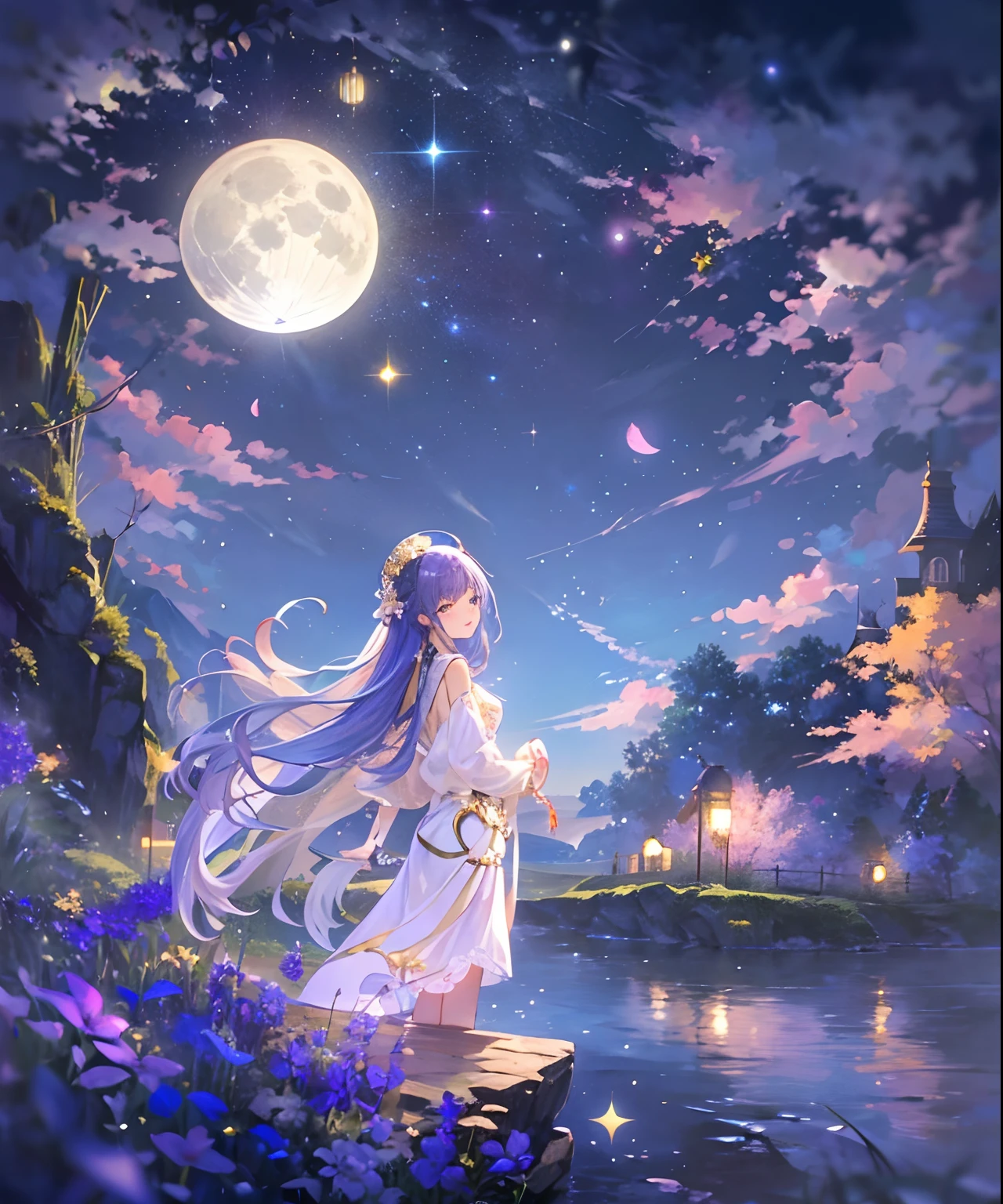 (((​masterpiece)))、(((top-quality)))、((ultra-detailliert))、(illustratio)、((extremely delicate and beautiful))、、Bright smile、floating、Light purple hair、(Detailed light) (1girl in)、、独奏、The long-haired、The wind is blowing、A WORLD、（cute eye）、Painting of a river with stars and moon floating in the sky、Golden Moon。Bright moon、Starry sky environment under moonlight、Dream painting