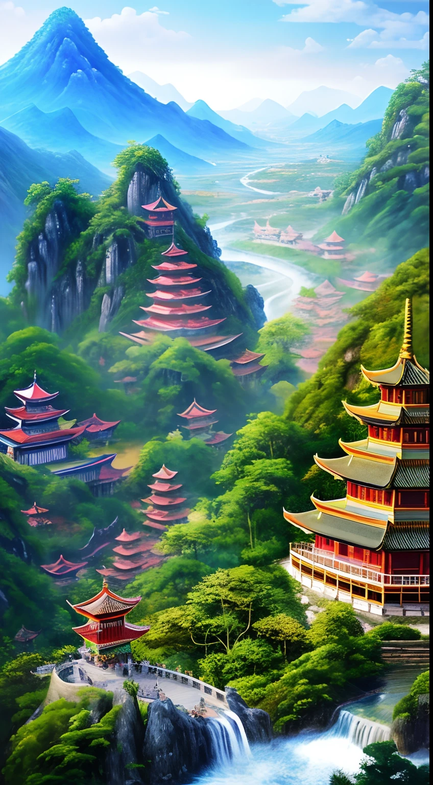 2. Mountain view with waterfall and pagoda in the middle, painted scene by Han Gan, winner of cg society competition, fantasy art, dreamy Chinese town, Chinese landscape, Chinese fantasy, made of trees and fantasy valley, ancient city view, order Impressive fantasy landscape, most epic landscape, pagoda on hill, mountainous jungle environment, avatar landscape, chinese village.