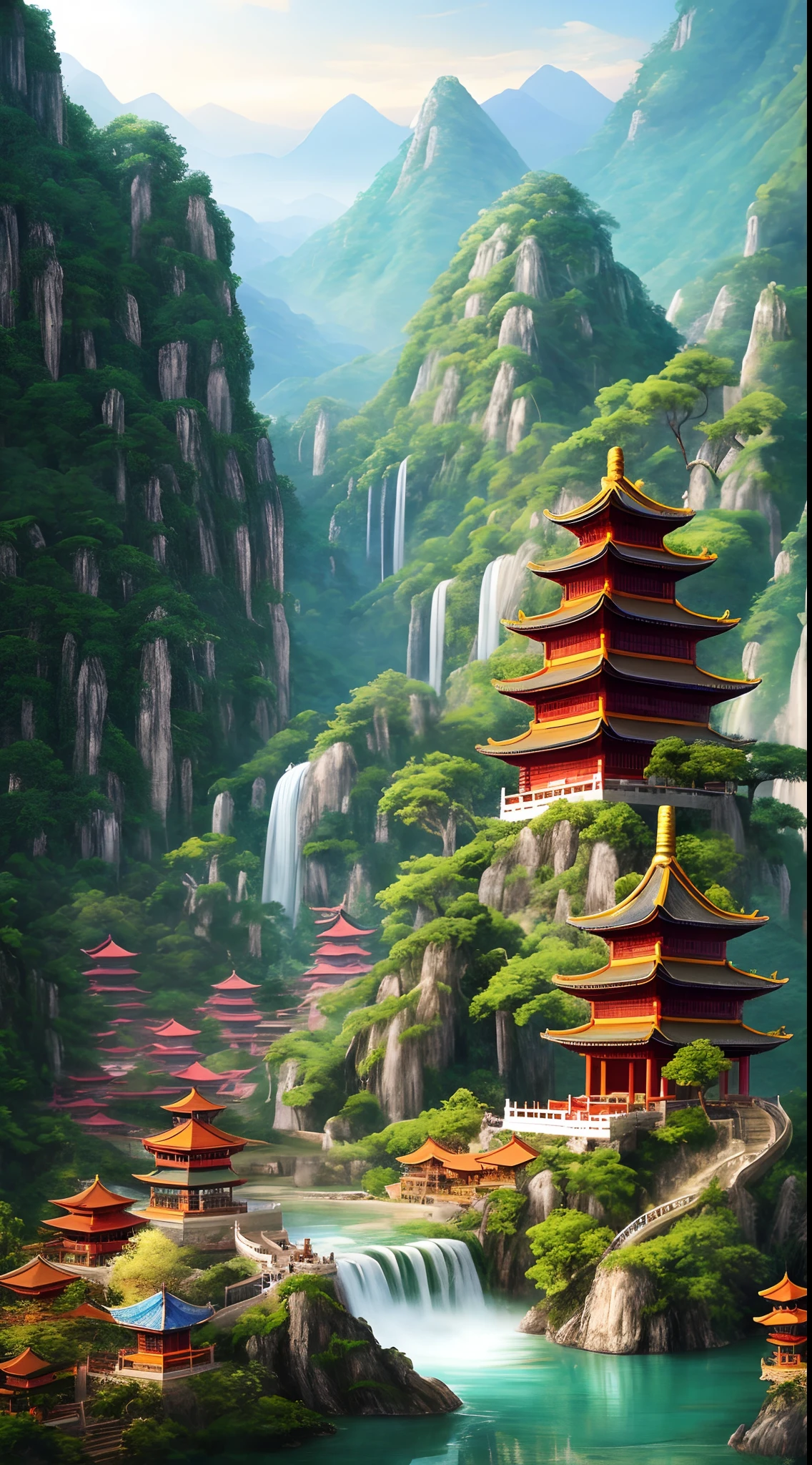 2. Mountain view with waterfall and pagoda in the middle, painted scene by Han Gan, winner of cg society competition, fantasy art, dreamy Chinese town, Chinese landscape, Chinese fantasy, made of trees and fantasy valley, ancient city view, order Impressive fantasy landscape, most epic landscape, pagoda on hill, mountainous jungle environment, avatar landscape, chinese village.