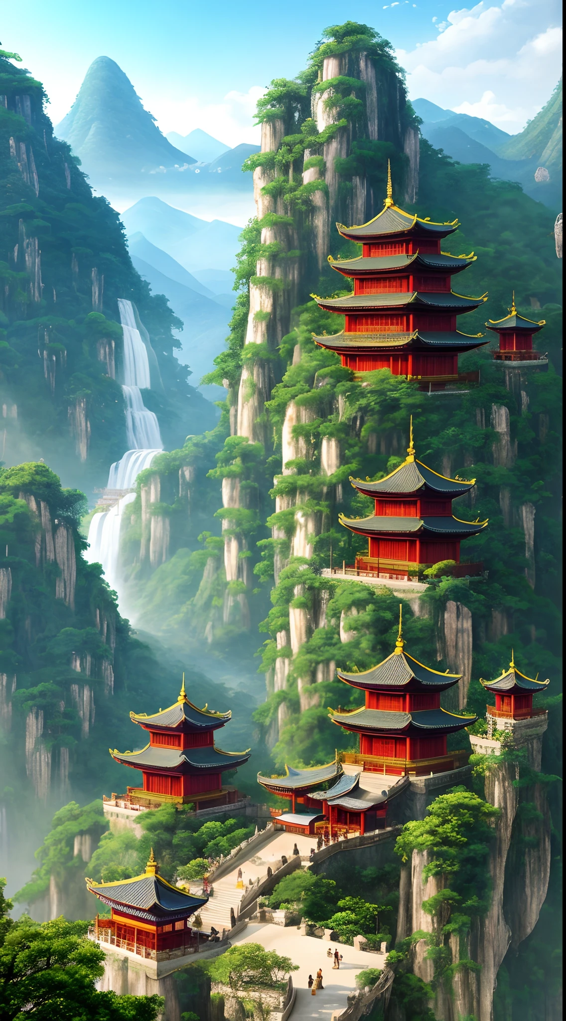 2. Mountain view with waterfall and pagoda in the middle, painted scene by Han Gan, winner of cg society competition, fantasy art, dreamy Chinese town, Chinese landscape, Chinese fantasy, made of trees and fantasy valley, ancient city view, order Impressive fantasy landscape, most epic landscape, pagoda on hill, mountainous jungle environment, avatar landscape, chinese village.